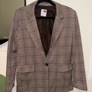SO Plaid Single-Button Blazer in Brown/Beige